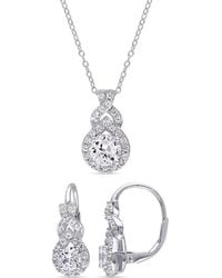 Amour - 3 4/5 Ct Tgw Created Sapphire Halo 2-Piece Set Of Leverback Earrings And Pendant With Chain - Lyst