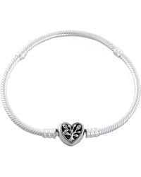 PANDORA - Snake Chain Sterling Bracelet And Heart Clasp - Lyst