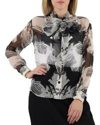 Burberry - Ladies Monochrome Deer Print Silk Chiffon Pussy-Bow Blouse, Brand Size 4 (Us - Lyst