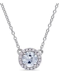 Amour - 1/10 Ct Tw Diamond And Aquamarine Halo Necklace - Lyst