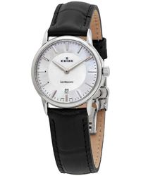 Edox Les Bemonts Mother Of Pearl Dial Black Leather Watch - Metallic