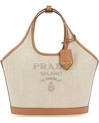 Prada - Linen Blend And Leather Tote Bag - Lyst