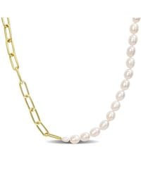 Amour - 7-7.5 Mm Cultured Freshwater Rice Pearl And 6 Mm Oval Link Chain Necklace - Lyst