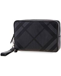 Burberry Leather-trimmed London Check Pouch - Gray