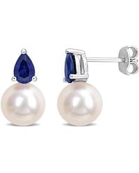 Amour - 8.5-9Mm Freshwater Cultured Pearl And 1 1/3 Ct Tgw Created Sapphire Stud Earrings - Lyst