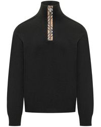 Burberry - Check Trim Wool Half-Zip Sweater - Lyst