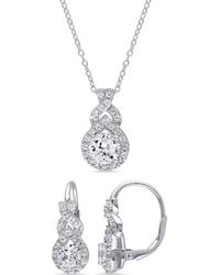 Amour - 3 4/5 Ct Tgw Created Sapphire Halo 2-Piece Set Of Leverback Earrings And Pendant With Chain - Lyst