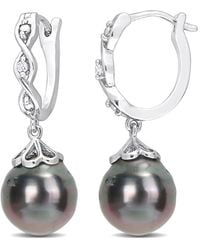 Amour - 8-9Mm Tahitian Cultured Pearl And Diamond Accent Infinity Huggie Earrings - Lyst