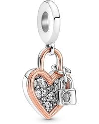PANDORA - Heart Padlock Double Dangle Charm - Lyst
