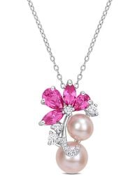 Amour - Cultured Freshwater Pearl & 3 1/8 Ct Tgw Created And Sapphire Pendant With Chain - Lyst