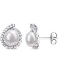 Amour - 8-8.5Mm Freshwater Cultured Pearl And Diamond Accent Halo Stud Earrings - Lyst