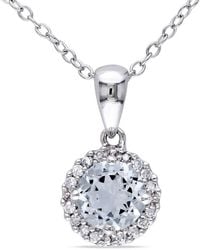 Amour - 1/10 Ct Tw Diamond And Aquamarine Halo Pendant With Chain - Lyst