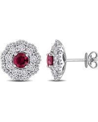 Created Forever - 1 1/3Ct Tgw Created Ruby And 1 3/5Ct Tw Lab-Grown Diamond Floral Halo Stud Earrings - Lyst