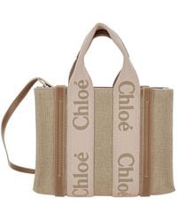 Chloé - Tote Bag Woody Piccola With Linen Logo Detail Hand - Lyst