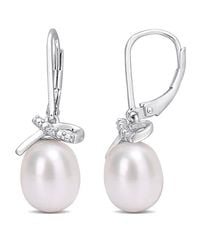 Amour - 7.5-8Mm Freshwater Cultured Pearl And Diamond Accent Leverback Earrings - Lyst