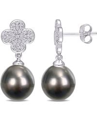 Amour - 10-10.5Mm Tahitian Cultured Pearl And 1/5 Ct Tdw Diamond Flower Drop Earrings - Lyst
