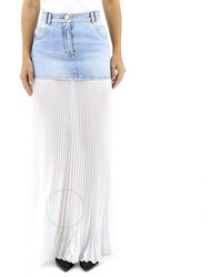 Balmain - Long Blue And White High-waist Denim Pleated Skirt - Lyst