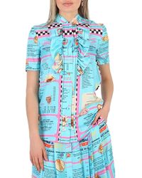 Moschino - All-over Diner Menu Print Short Sleeve Silk Blouse - Lyst