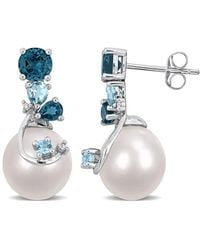 Amour - 9-10Mm Freshwater Cultured Pearl 2 Ct Tgw London & Sky Topaz And Diamond Accent Pearl Earrings - Lyst