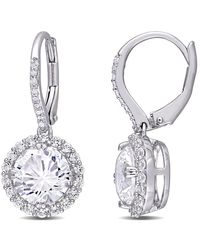 Amour - 5 /12 Ct Tgw Created Sapphire And 1/10 Ct Tw Diamond Halo Leverback Earrings - Lyst