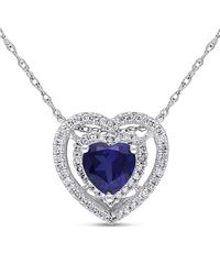 Amour - Double Halo Heart Shaped Created Sapphire And 1/5 Ct Tw Diamond Pendant With Chain - Lyst