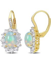 Amour - 1 3/4 Ct Tgw Oval Shape Ethiopian Opal And Topaz And Diamond Accent Halo Leverback Earrings - Lyst