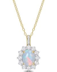 Amour - 2 1/6 Ct Tgw Oval Shape Ethiopian Opal And Topaz And Diamond Accent Halo Pendant With Chain - Lyst