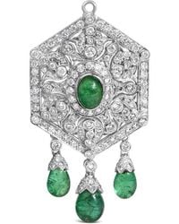 Haus of Brilliance - 18K 2 3/4 Cttw Diamond And Emerald Dangle Art Deco Shield Brooch Pin Pendant - Lyst