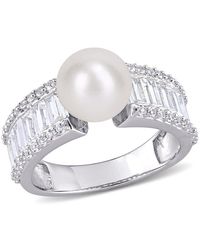 Amour - 8-8.5Mm Cultured Freshwater Pearl And 2 2/5 Ct Tgw Created Sapphire Engagement Ring - Lyst
