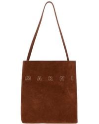 Marni - Caramel Suede Small Museo Shoulder Bag Exterior: Bovine Leather Clutch - Lyst