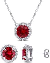 Amour - 8 1/3 Ct Tgw Created Ruby And Created Sapphire Halo Earring & Pendant Set - Lyst