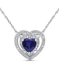 Amour - Double Halo Heart Shaped Created Sapphire And 1/5 Ct Tw Diamond Pendant With Chain - Lyst
