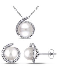 Amour - 8-8.5 Mm Cultured Freshwater Pearl And 1/7 Ct Tw Diamond Halo Stud Earrings And Pendant With Chain Set - Lyst