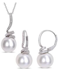 Amour - 11-12Mm Cultured Freshwater Pearl And 1/10 Ct Tw Diamond Spiral Earrings And Pendant Set - Lyst