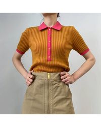 Burberry - Knit Tops Solid Ochre Colorblock Ribbed Polo Shirt - Lyst