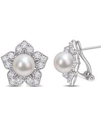Amour - 8.5-9Mm Freshwater Cultured Pearl And 2 3/4 Ct Tgw Created Sapphire Floral Earrings - Lyst