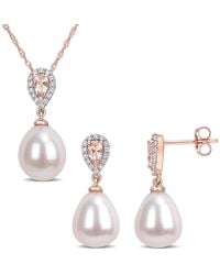 Amour - 1/5 Ct Tw Diamond And 3/4 Ct Tgw Morganite With 9-9.5 Mm Freshwater Cultured Pearl Drop Earrings And Pendant Set - Lyst