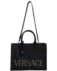 Versace - Top Handle Canvas Leather Logo Crossbody Tote Bag - Lyst