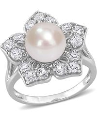 Amour - 8.-9Mm Freshwater Cultured Pearl And 1 1/3 Ct Tgw Created Sapphire Floral Pearl Ring - Lyst