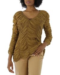 Khaite - Khaki Brown V-neck Ruched Silk Blouse - Lyst