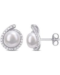 Amour - 8-8.5Mm Freshwater Cultured Pearl And Diamond Accent Halo Stud Earrings - Lyst
