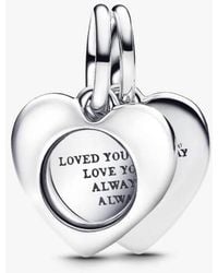 PANDORA - Sterling Engravable Heart Double Dangle Charm - Lyst
