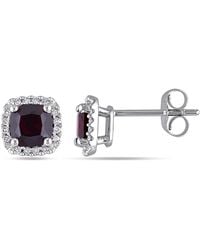 Amour - Cushion Cut Garnet And 1/10 Ct Tw Diamond Halo Earrings - Lyst