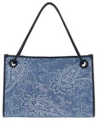 Etro - Embroidered Denim Medium Eyes Shopping Bag Fantasiaazzurro Borse A Mano - Lyst