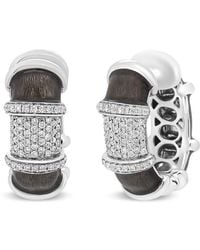 Haus of Brilliance - 18k White Gold Flash Plated .925 Sterling Silver Clear Graphite Grey Enamel 5/8 Cttw Round Diamonds huggie Hoop Earrings - Lyst