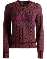 Bally - Logo Embroidered V-Neck Wool Sweater, Brand Size 38 Us - Lyst