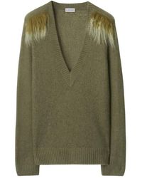 Burberry - Wool Blend V-Neck Sweater With Shearling Detail - Lyst
