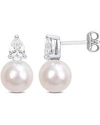Amour - 8.5-9Mm Freshwater Cultured Pearl And 1 1/3 Ct Tgw Created Sapphire Stud Earrings - Lyst