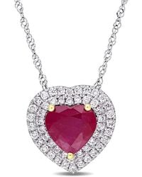 Amour - Heart Shape Ruby And 1/4 Ct Tw Diamond Double Halo Pendant With Chain - Lyst