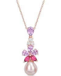 Amour - 9.5-10Mm Freshwater Cultured Pearl 2 3/8 Ct Tgw Rose De France And And Topaz Floral Drop Pendant - Lyst